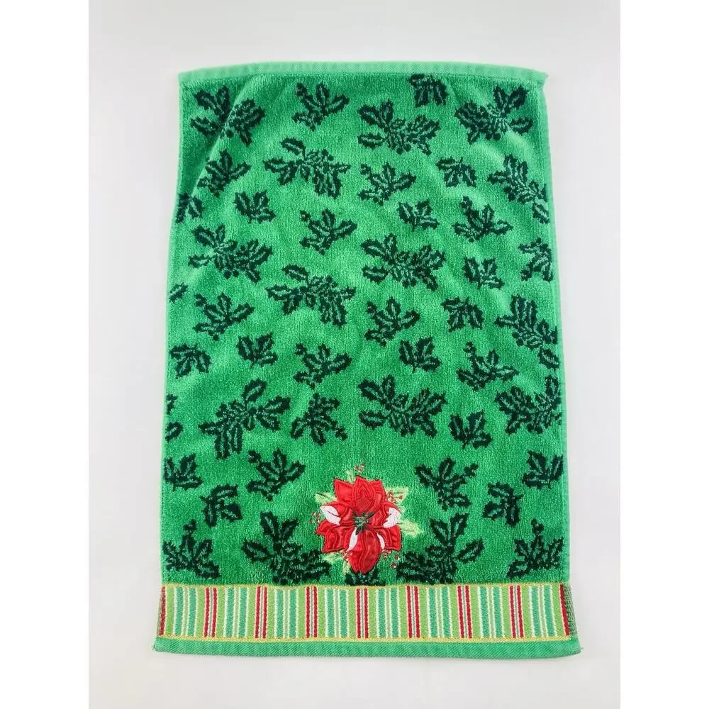 Christmas Towel Set Poinsettia Holly Embroidered Green Bath Body Hand Washcloth
